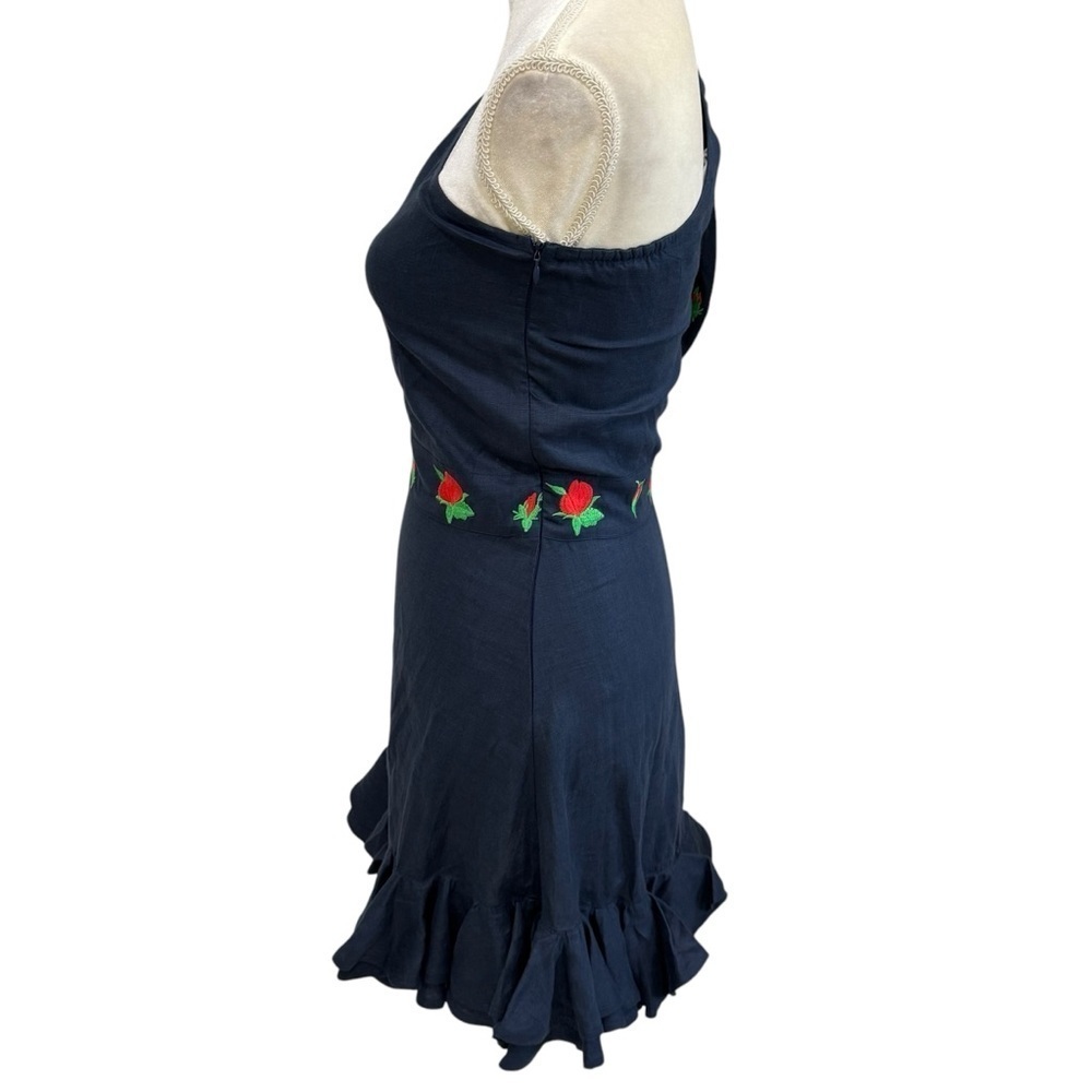 Fanm Mon Navy Flame Linen One Sleeve Ruffle Hem Floral Embroidery Mini Dress NWT - Picture 6 of 15